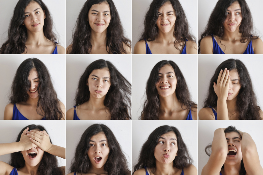 Mujer joven de pelo oscuro mostrando su carácter con diferentes expresiones de estados de ánimo